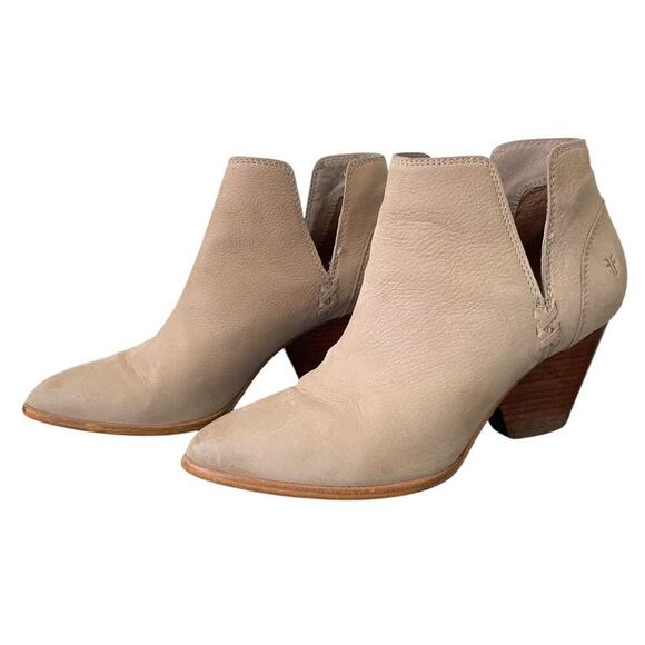 Frye Reina Cut Out Bootie Taupe 7.5 Heeled Leather Ankle Boots Pointed Toe - Picture 1 of 11